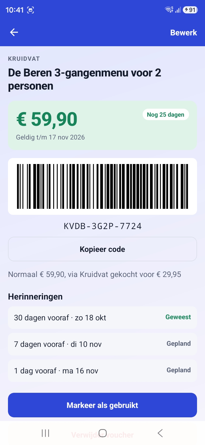 Detailscherm van een voucher met waarde, vervaldatum, streepjescode en herinneringen