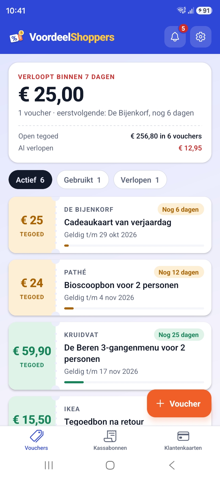 Het Vouchers-scherm van VoordeelShoppers met vouchers gesorteerd op vervaldatum